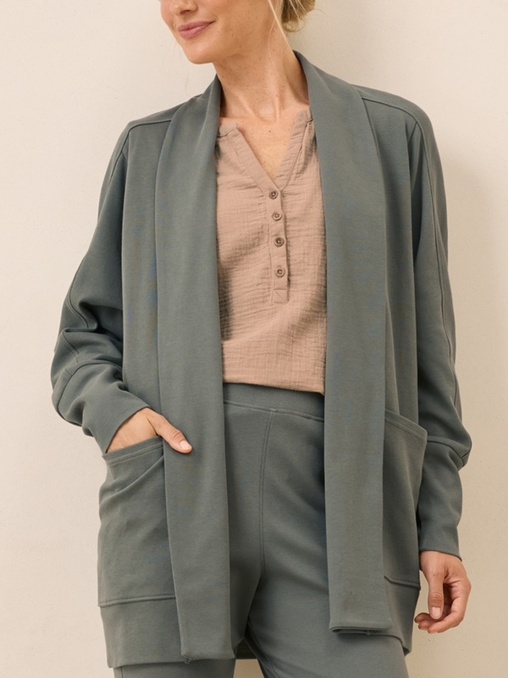 Pact Organic Airplane Wrap Cardigan Green Grey Comfy Cozy Natural Fiber Travel